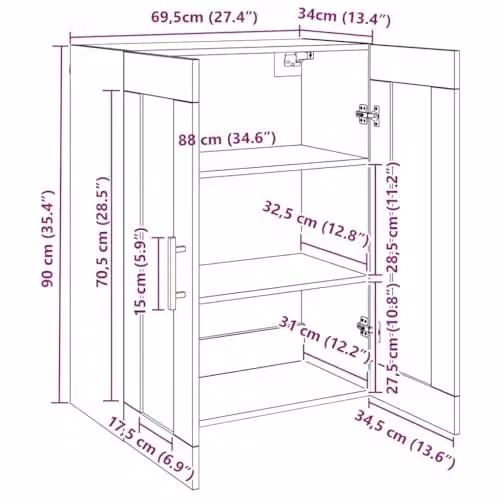 vidaXL Wall Mounted Cabinet in Brown Oak with Glass Doors, W/D/H: 69.5 x 34 x 90 cm – 3