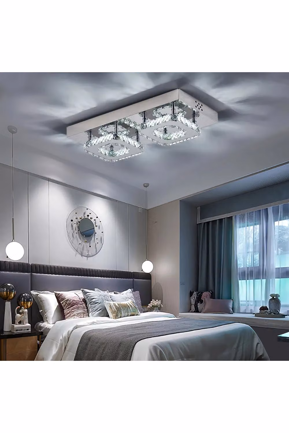 Living and Home Glam Crystal Square LED Ceiling Light in Silver and Chrome – 3