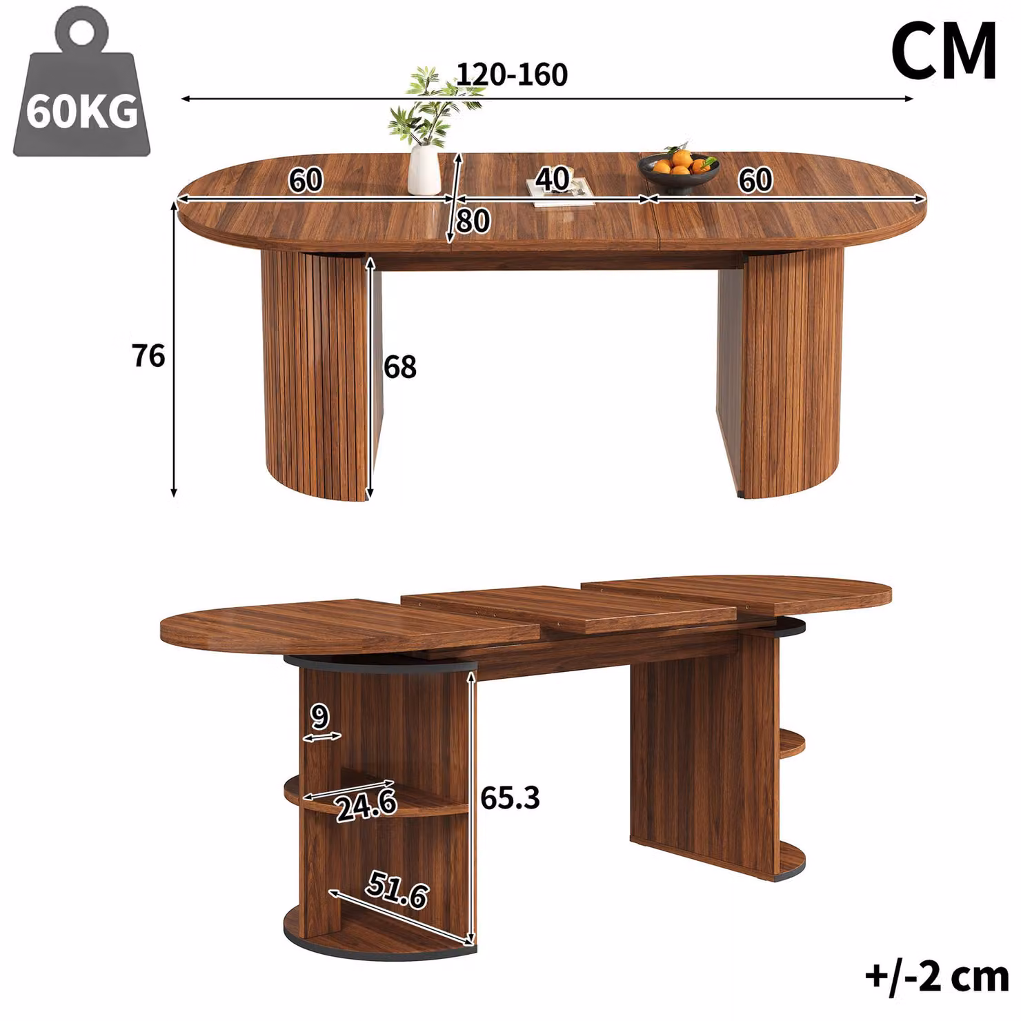 Aosom UK Extendable Walnut Dining Table with Vertically Grooved Legs and Storage Compartment, W: 80 cm, D: 160 cm, H: 76 cm – 3