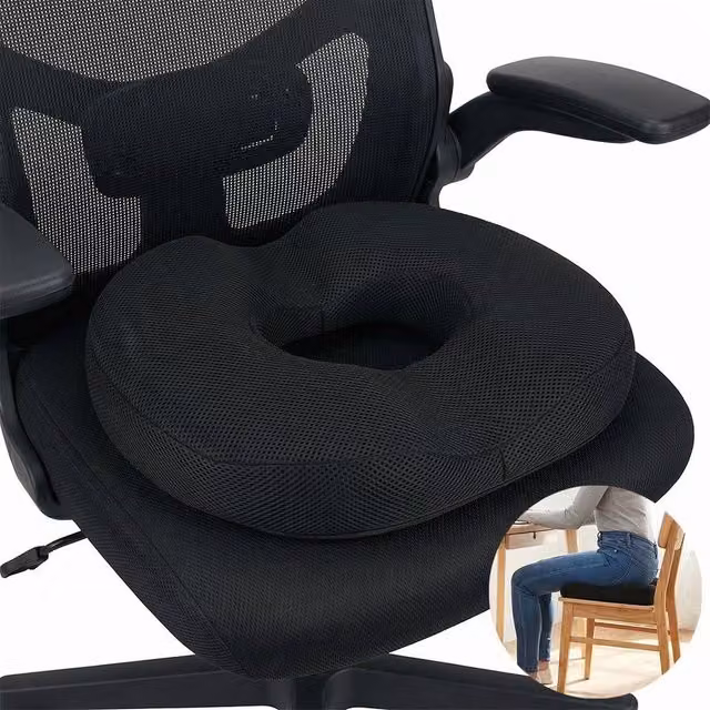 VOGREX Black Memory Foam Contoured Donut Seat Pad for Coccyx Pain Relief