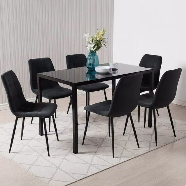 Kosy Koala Modern Dining Set with Rectangular Glass Table and 6 Black Velvet Chairs