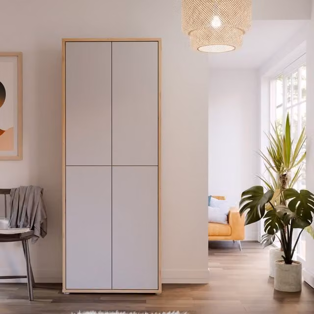Furniture To Go Alice Springs Tall Shoe Cabinet with 4 Push-Open Doors in Night Blue, Artisan Oak and Light Grey