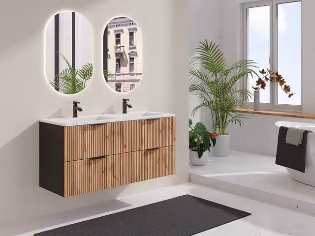 Vente-unique Madela Ribbed Suspended Vanity Unit in Light Natural and Black, W: 120 cm, D: 46 cm, H: 57 cm