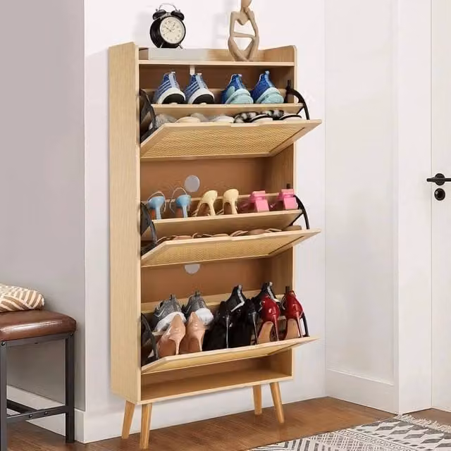 KORVIXA Beige Rattan Shoe Cabinet with Tilting Compartments, W/D/H: 100 x 23.5 x 100 cm
