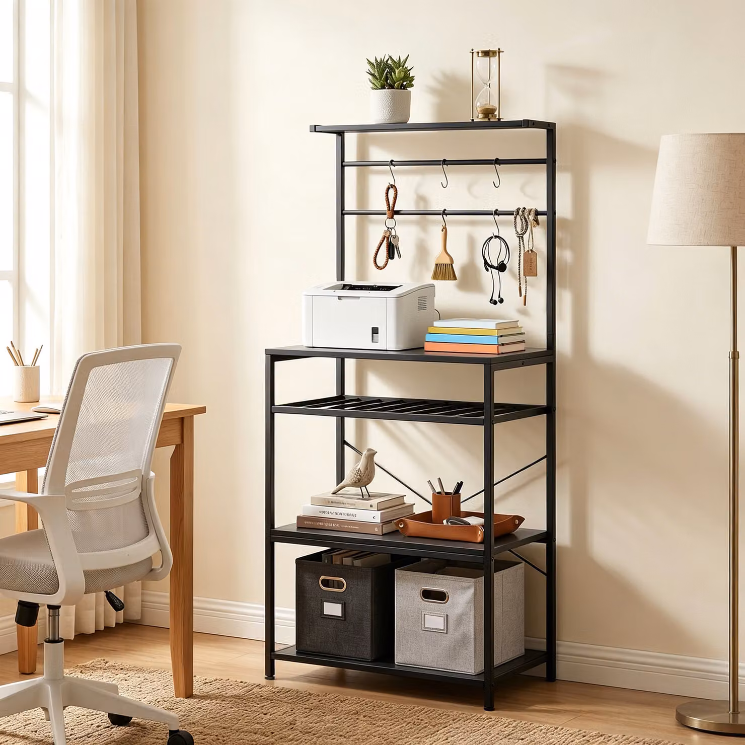 HOMCOM Industrial Freestanding Shelving Unit with Wine Rack and 6 Hooks, Black, H 143.5 x W 59 x D 40 cm – 7