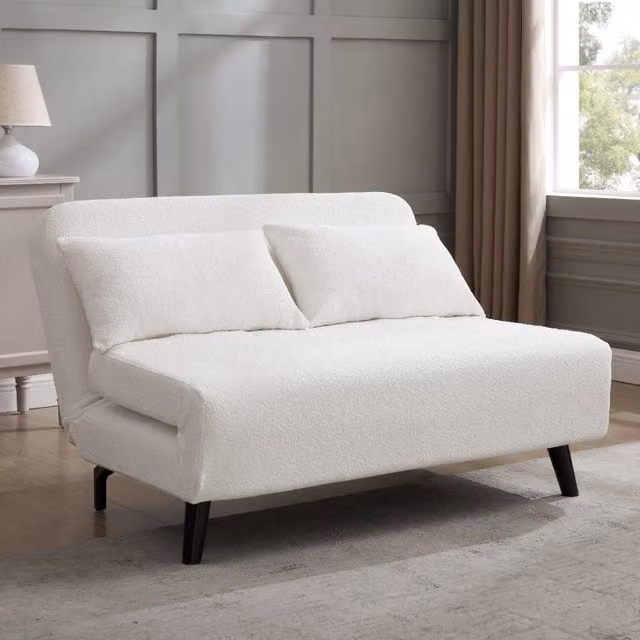 Home Detail Cornflower L-Shape Click Clack Sofa Bed in White Boucle with Scatter Cushions, 140 x 190 cm