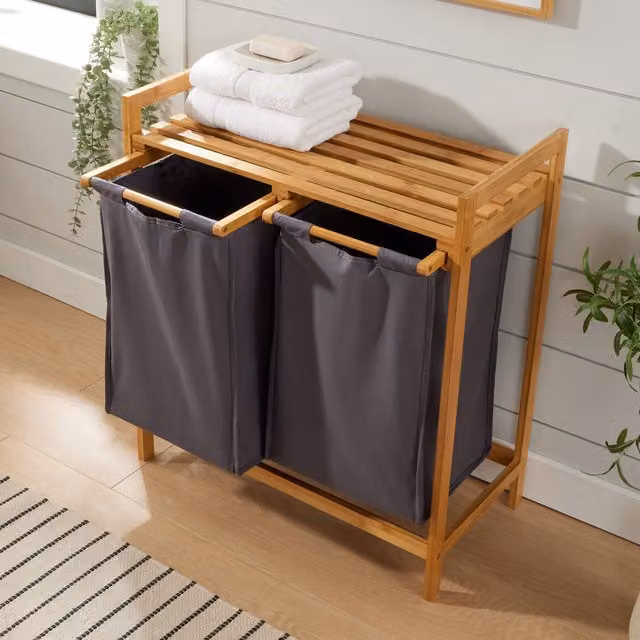 Home Source Walton Bamboo Laundry Basket with Removable Fabric Bag, Grey