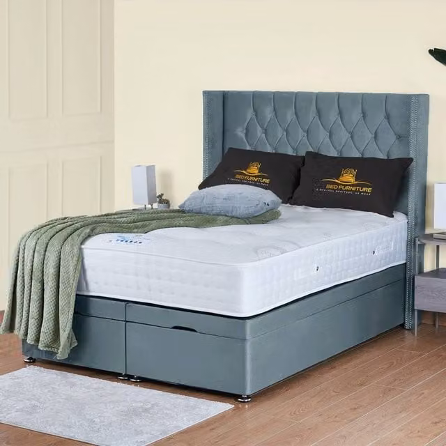 UK Bed Furniture Francesca End Lift Divan Ottoman Bed with 54 Inch Diamond Headboard in Light Blue, W/D/H: 180 x 200 cm – 1