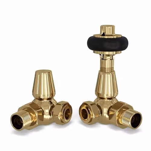 UK Radiators Polished Brass Thermostatic Radiator Valve and Corner Lockshield Set with Wooden Head