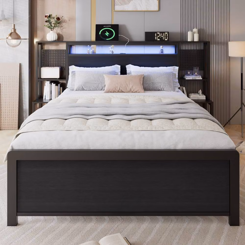 Merax Black Metal Double Bed Frame with Bedside Tables, LED Lighting and USB Charging Ports, W/D/H: 140 x 200 x 135 cm – 2