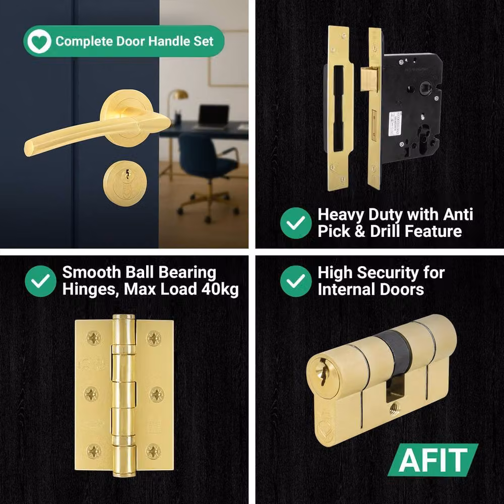 AFIT Gold Euro Lock and Double Cylinder Handle Kit, 1 Pair of Handles and Locks – 6