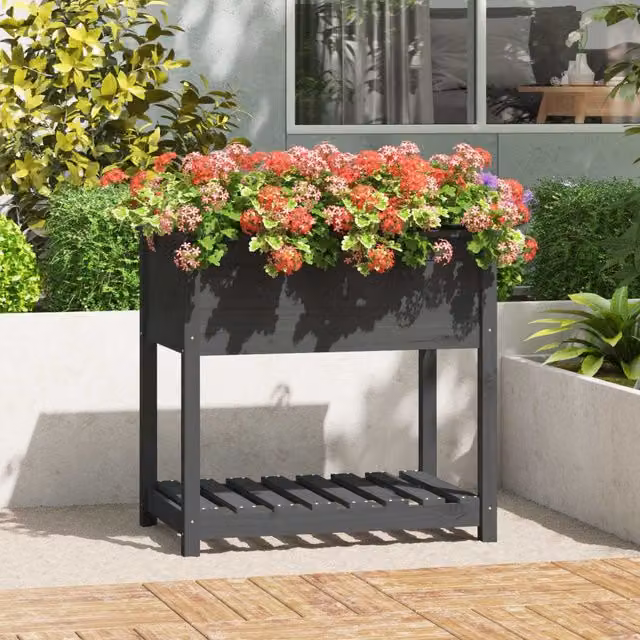 Berkfield Home Planter with Shelf in Grey Solid Wood, W/D/H: 82.5 x 54 x 81 cm