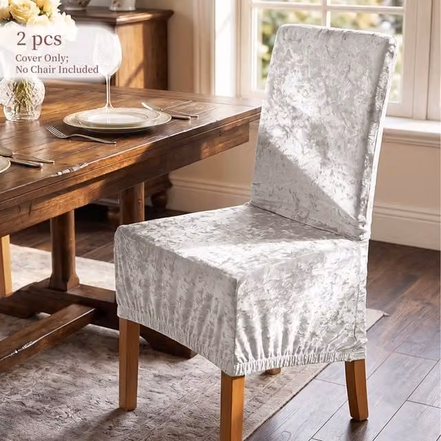 Livingandhome 2 Pack White Velvet Stretch Dining Chair Covers with Elastic Band
