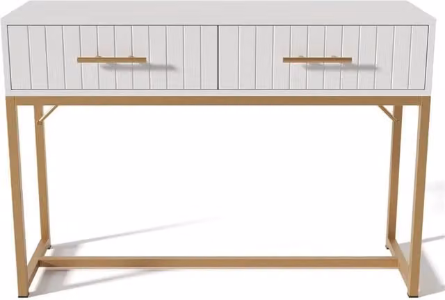 Nordara Modern Console Table with 2 Drawers, White and Gold Metal and Wood Frame