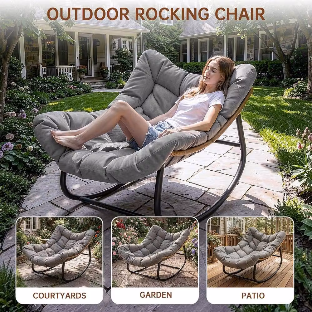 Gartistgo Oversized Egg-Shaped Rocking Chair with Thick Cushion and Metal Frame in Dark Grey – 5