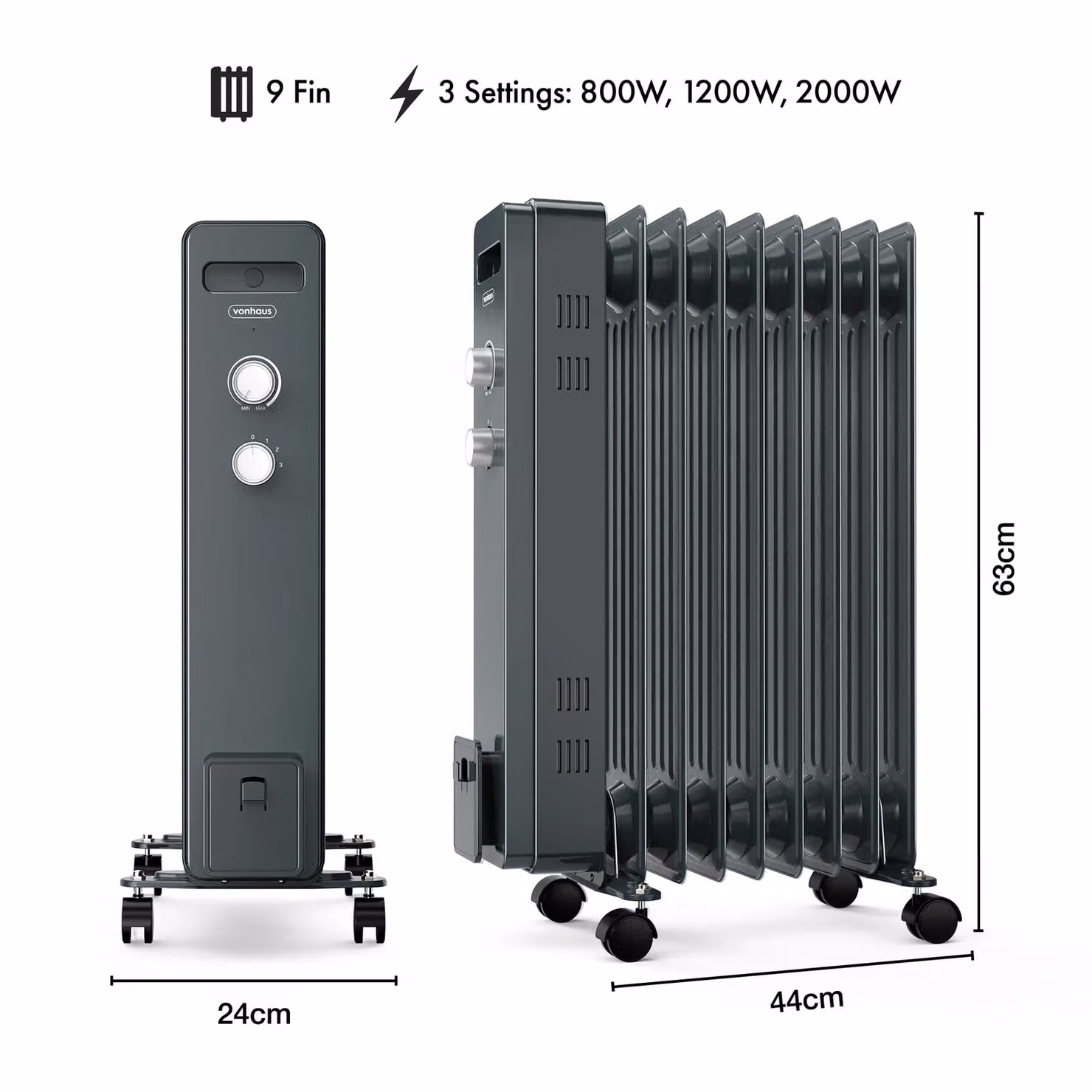 VonHaus 9 Fin Oil Filled Radiator 2000W in Grey – 5