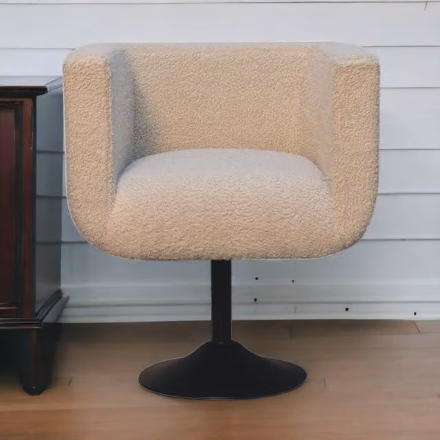 Artisan Furniture Modern Tub Swivel Chair with Armrests in White and Beige Bouclé with Solid Wood Frame
