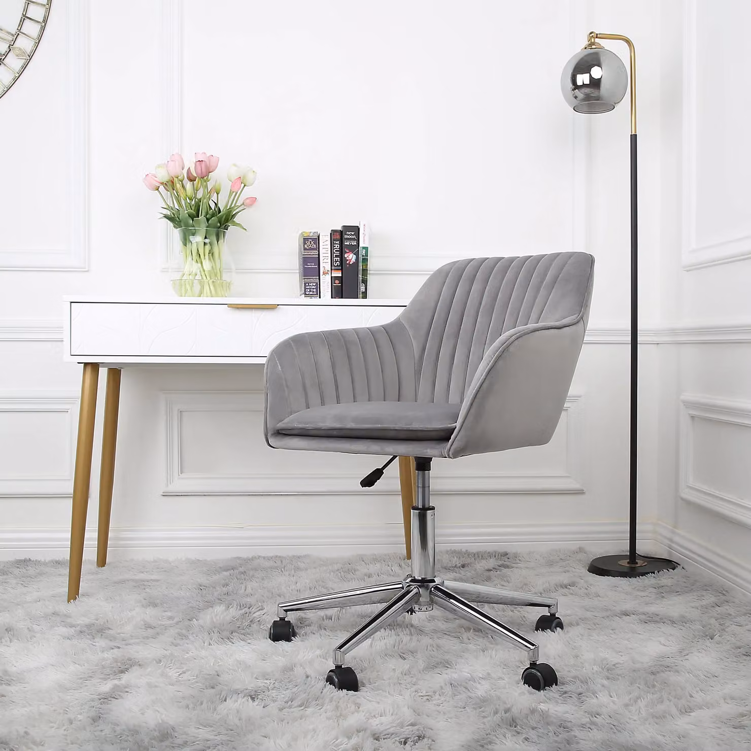 Home Garden Direct Briseis Grey Velvet Swivel Task Chair with Armrests and Castors W/D/H: 59 x 62 x 80 cm – 2