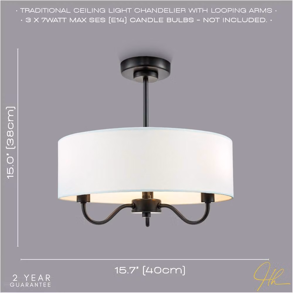 Happy Homewares Traditional Semi Flush Ceiling Light with White Fabric Shade in Black – 2