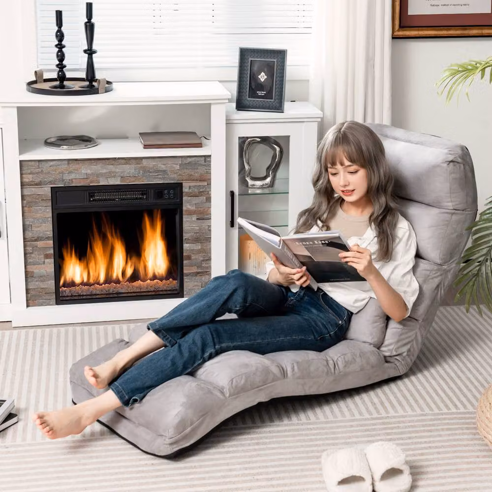 Gymax Grey Microfibre Upholstered Floor Chaise Lounge with 5-Position Foldable Gaming Seat and Adjustable Headrest – 4