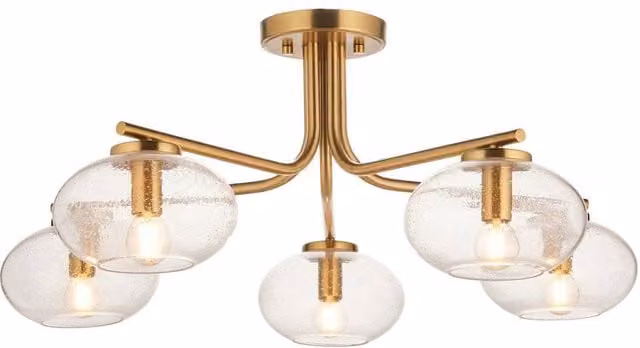 Netlighting Jacob Semi Flush Ceiling Lamp in Warm Brass with 5x E14 Transparent Bubble Glass Spheres