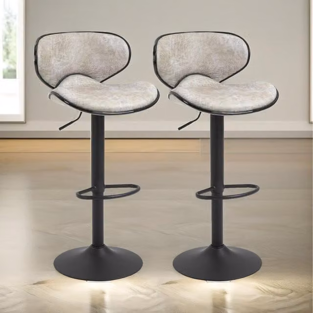 Furnold Set of 2 Height Adjustable 360 Swivel Barstools with Shell Backrest in Grey and Black Fabric