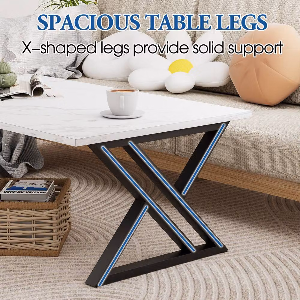 Huhote Rectangular Coffee Table with Metal Frame and Composite Top in White and Multicolour – 3