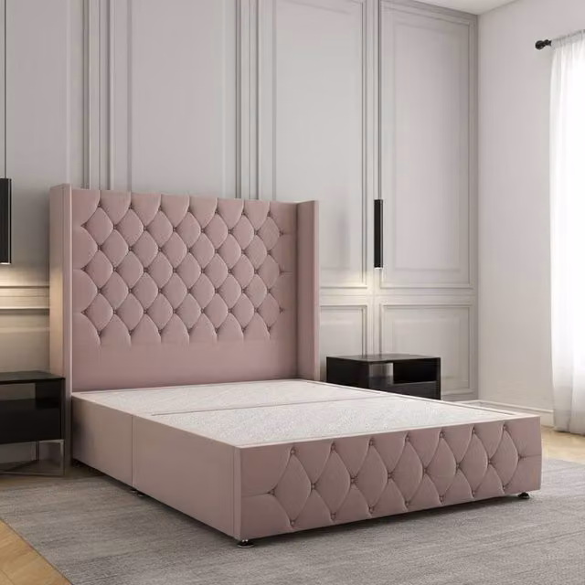 Regional Furnishings Plush Velvet King Size Divan Bed with 54 inch Headboard and Footboard in Pink, W/D/H: 180 x 200 cm