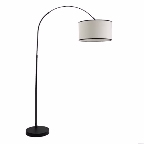 ValueLights Black Metal Arched Floor Lamp with Adjustable Arm and Fabric Drum Shade, H 177 cm x W 45 cm x D 45 cm