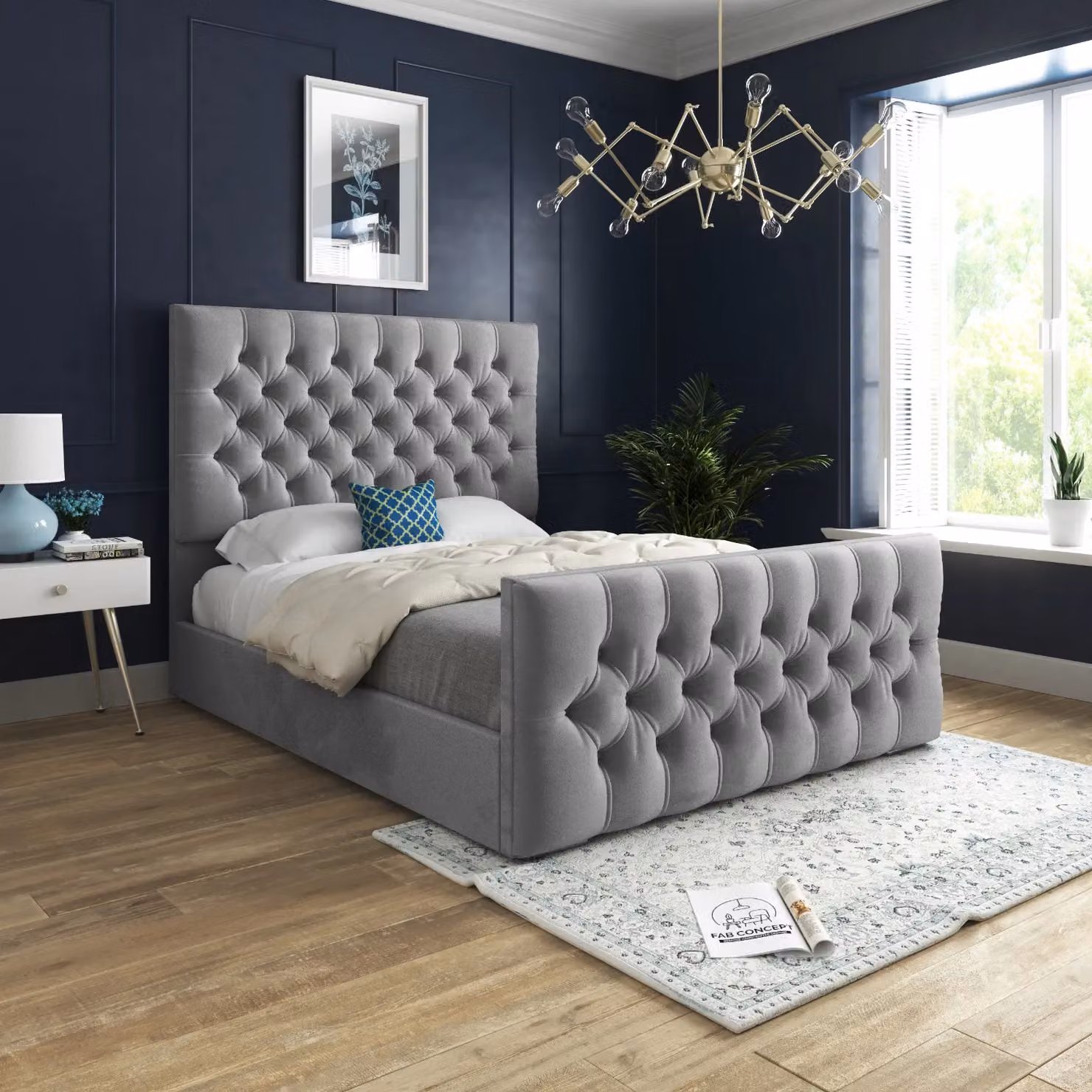 Casani Chesterfield Upholstered Velvet Bed Frame in Grey, W/D/H: 144 x 137 x 200 cm – 2