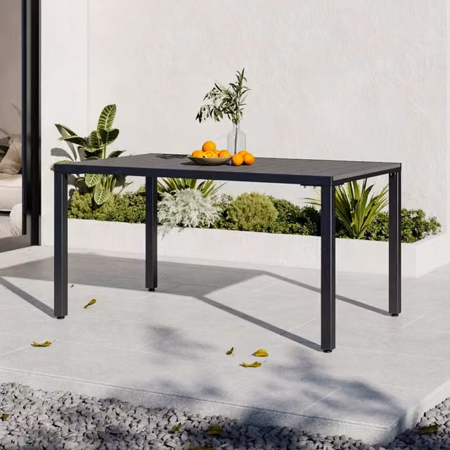 Breeins Modern Rectangular Metal Outdoor Dining Table with Parasol Hole in Grey and Black