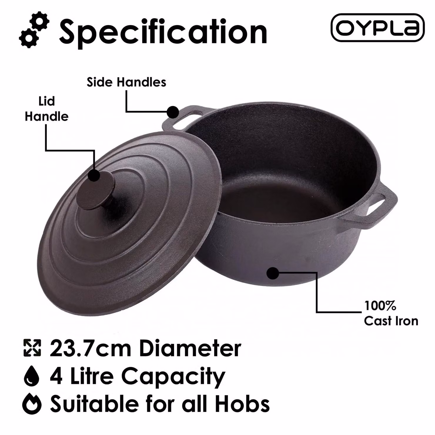 Oypla 4L Cast Iron Non Stick Casserole Dish with Lid, Black – 3