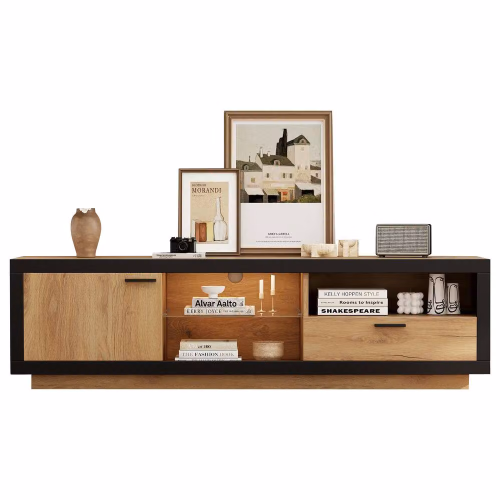 ModernLuxe Modern TV Cabinet with LED Light, 1 Drawer and 1 Door in Natural, W: 160 cm, D: 40 cm, H: 50 cm – 4