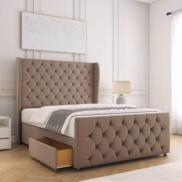 BSSPOKE Anna Super King Plush Velvet Divan Bed with 54 inch Headboard, 2 Drawers, Footend and Mattress in Taupe