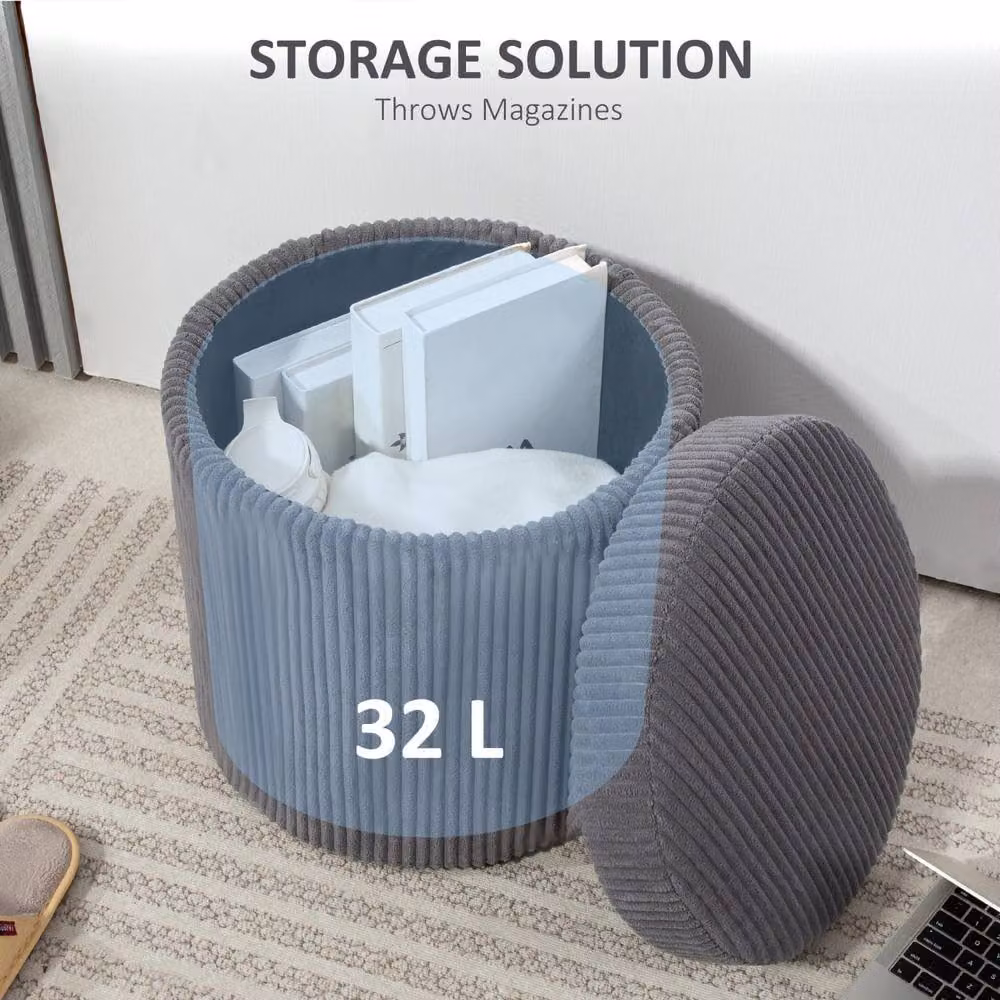 Wyld Haus Yoluha Round Grey Corduroy Storage Ottoman, Diameter: 40 cm – 5