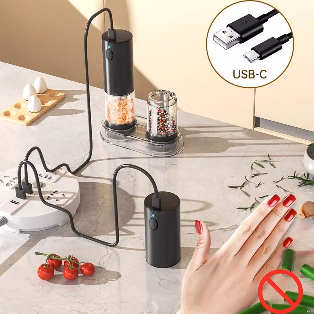 EONLION Stainless Steel Salt and Pepper Mill Set in Black, Rechargeable – 4