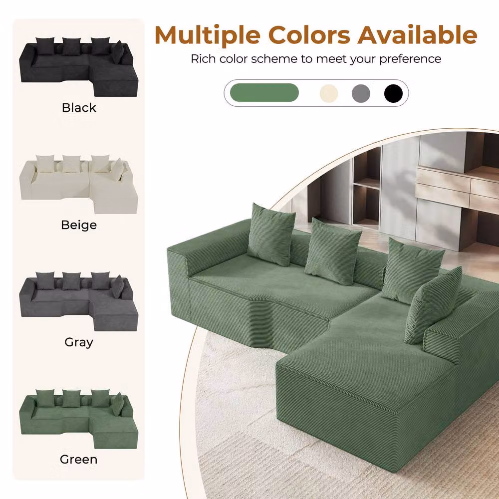 Dprodo Green Corduroy Right L-Shaped Modular Sofa with Scatter Cushions, Width: 320 cm – 5