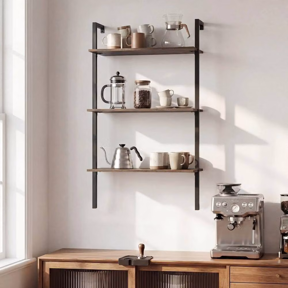 KORVIXA 3-Tier Industrial Wall Mounted Ladder Shelves in Brown, W/D/H: 100 x 100 x 100 cm – 3