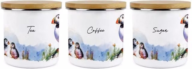 Purely Home Puffins on the Rocks Large Kitchen Canister Set of 3, White Ceramic and Enamel