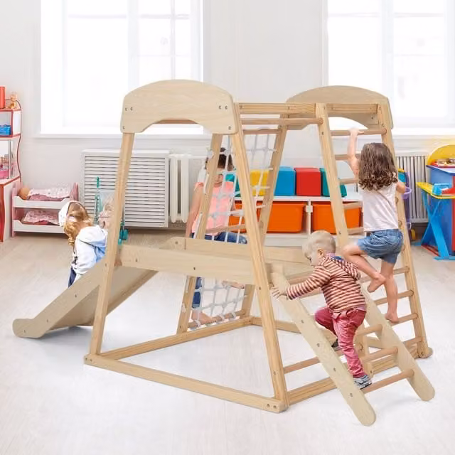 Costway 6-in-1 Kids Indoor Jungle Gym Playground in Brown Wood