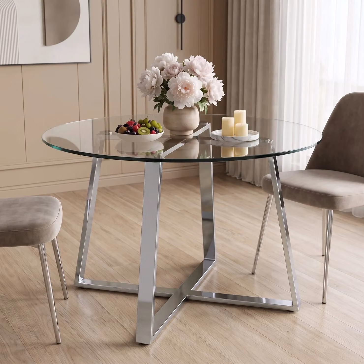 Modern Round Transparent Glass Dining Table with Silver Chrome X-Frame Legs, Diameter: 110 cm, Height: 75 cm