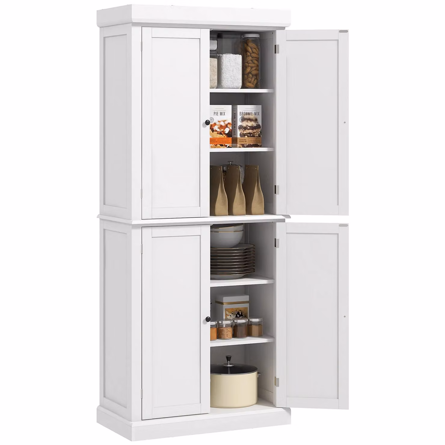 HOMCOM Modern White Freestanding Tall Kitchen Cupboard with Hinged Doors and Internal Shelves – 3