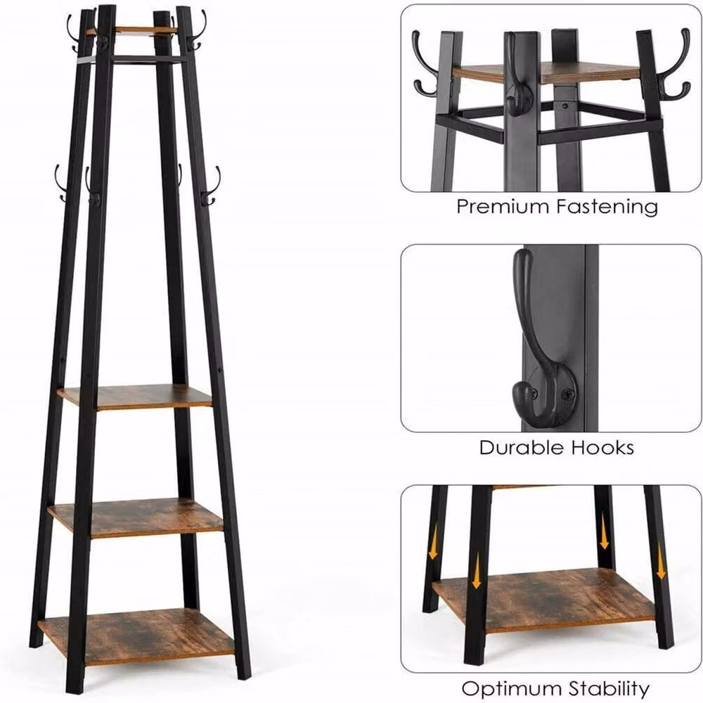 Nordara Industrial Hall Tree Bench with 8 Hooks and Shoe Storage Shelf in Black – 3