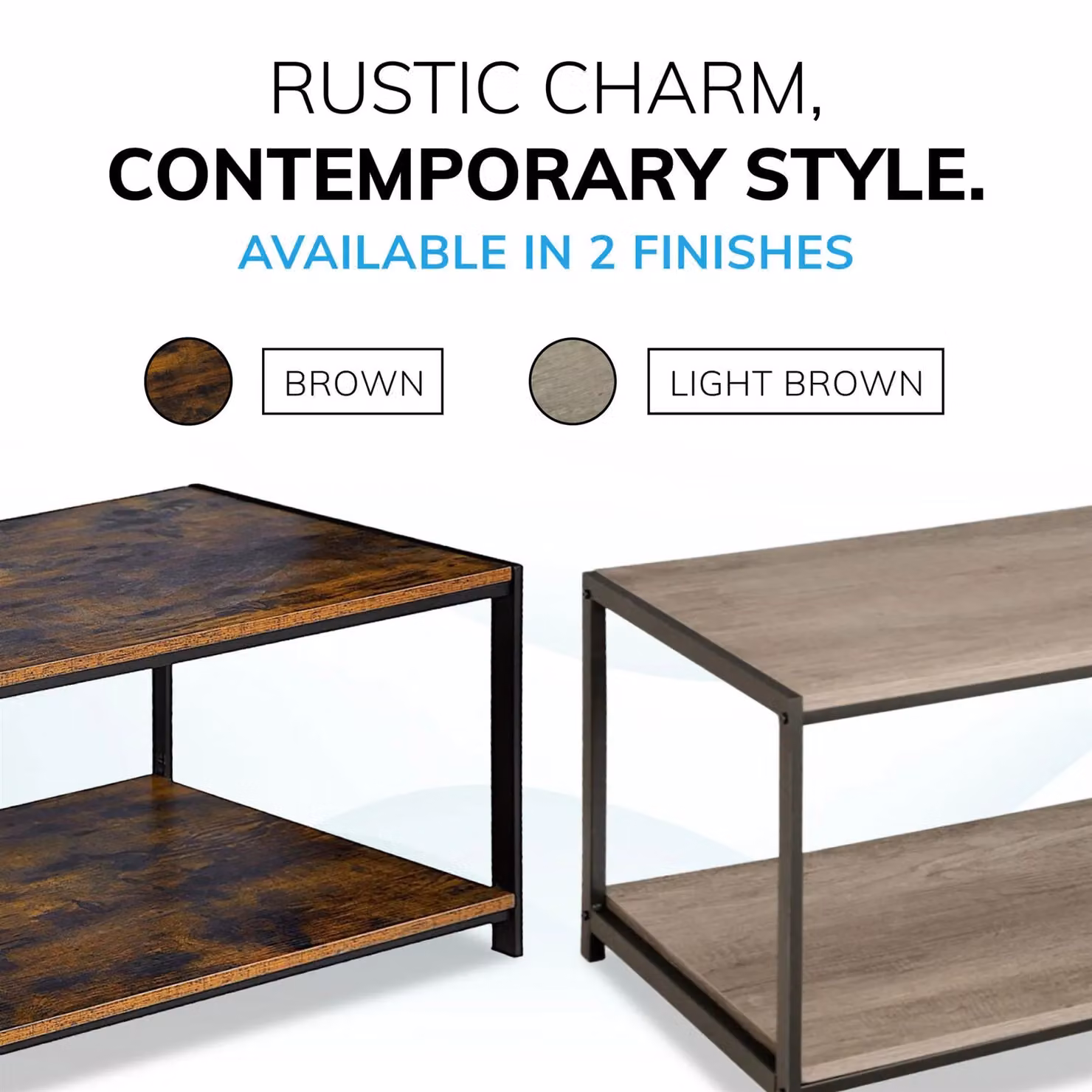 House of Home Rustic Brown Wood and Metal 2-Tier Coffee Table with Storage Shelf – 8