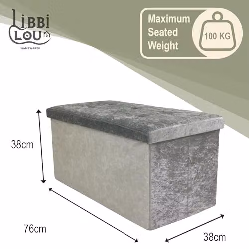Libbi Lou Velvet Foldable Footstool and Ottoman Storage Box, Grey, W: 76 cm, D: 38 cm, H: 38 cm – 2