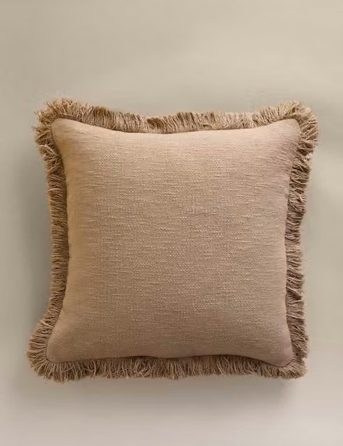 M&S Pure Cotton Textured Fringe Cushion in Beige
