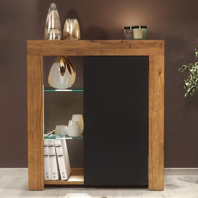 Mex Furniture LTD Serene Sideboard in Dark Oak and Black Matt with Integrated LED Lighting, W/D/H: 83 x 35 x 75 cm