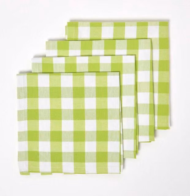 Homescapes Green Checked Cotton Gingham Napkins, Set of 4