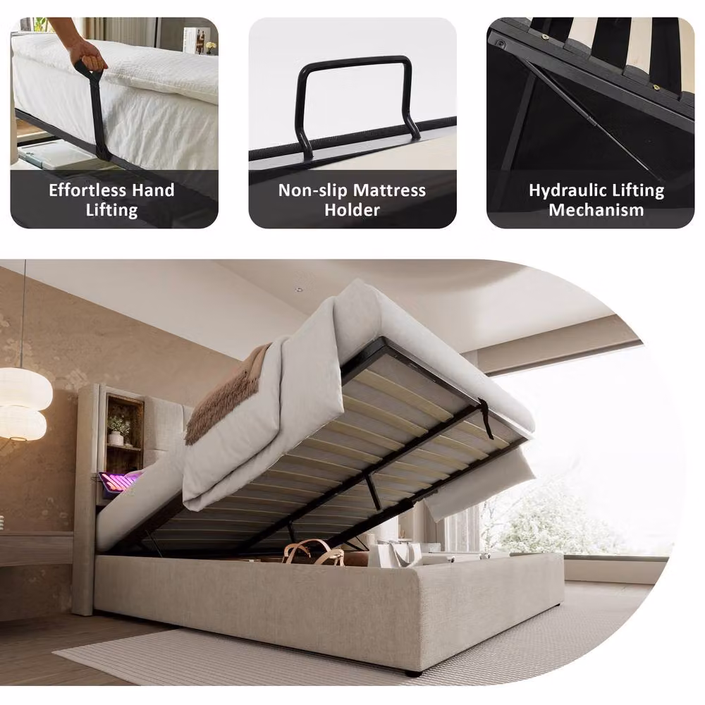 Merax Upholstered Super King Bed Frame in Beige with Wireless Charging and Hydraulic Storage, W/D/H: 200 x 160.5 x 190 cm – 5