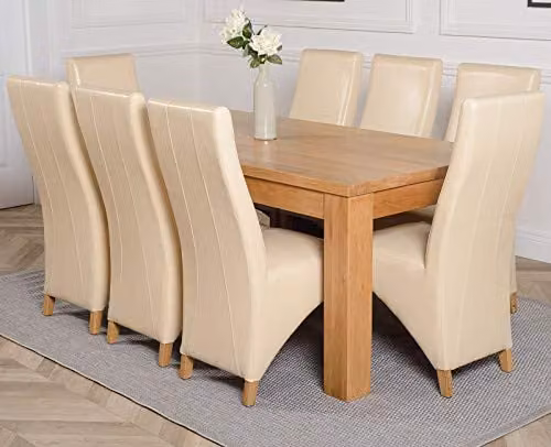 Thats Furniture Dakota Oak Dining Table and 8 Lola Ivory Leather Chairs Set, W: 182 cm, D: 92 cm – 1